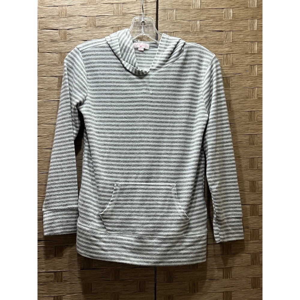 Poof Girl Soft Hoodie Girls Sz L Lightweight Gray White Pocket Very Good Cond!